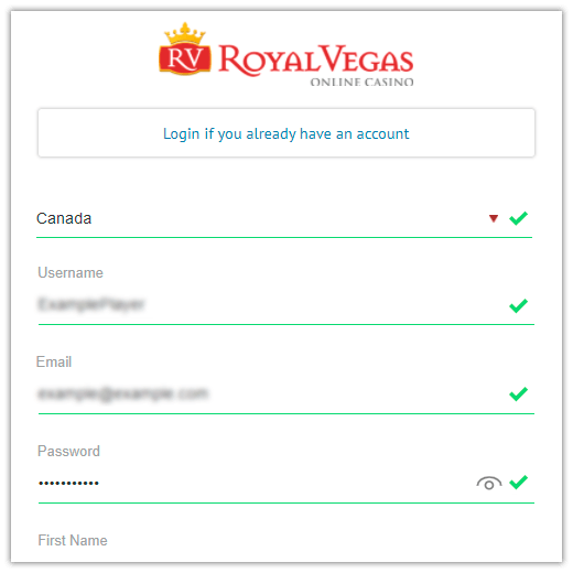 Registration form for new users at Royal Vegas website
