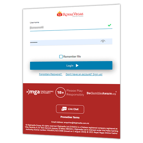 Login form at the Royal Vegas casino official website