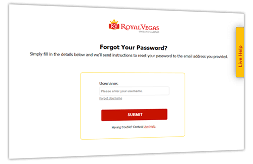 Password reset form at Royal Vegas website